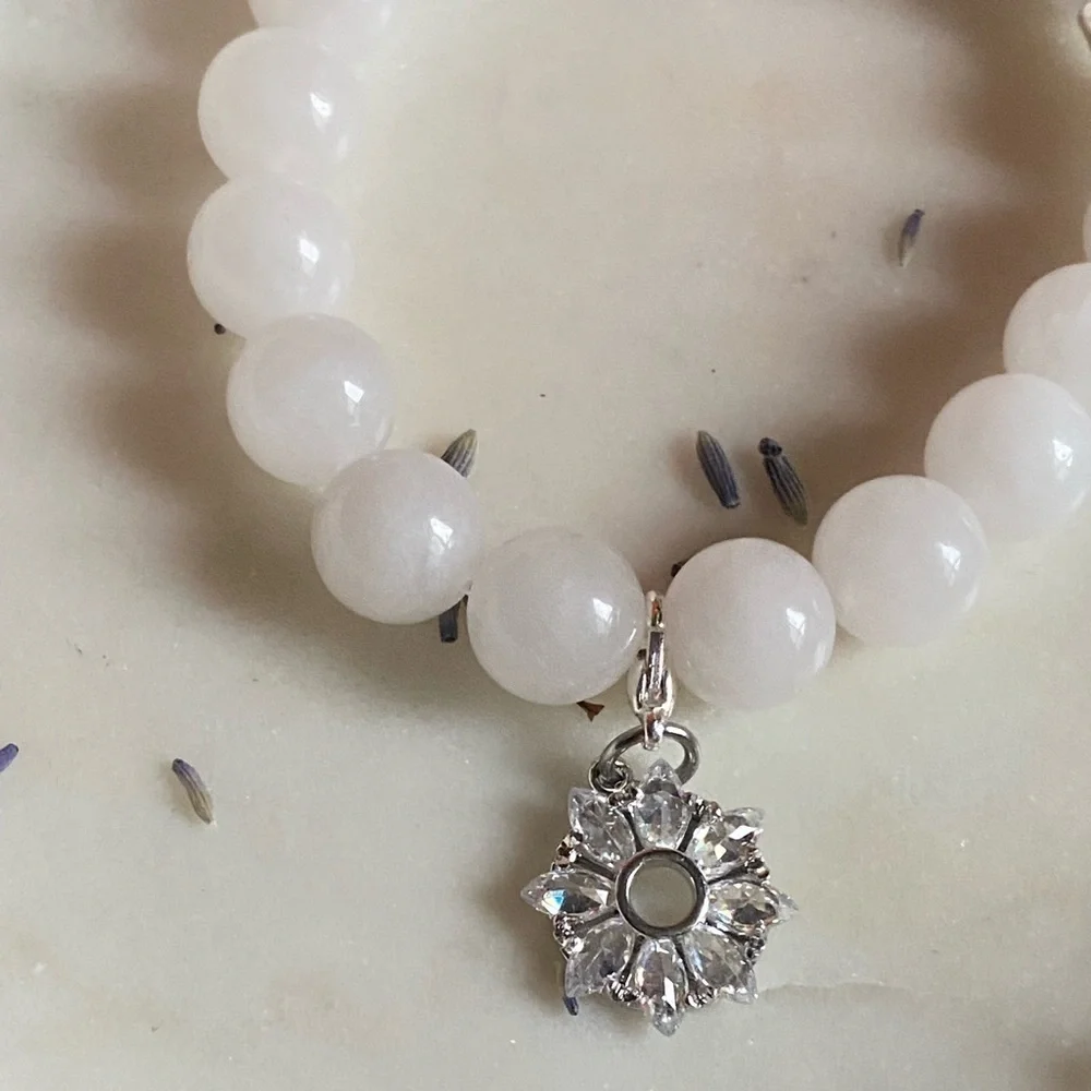 WHITE snow Quartz and removable sparkly snowflake charm bracelet